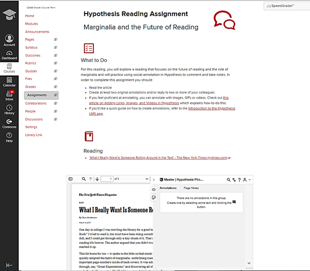 Screenshot of a Hypothesis assignment page in Carmen showing sample instructions and the Hypothesis reading window embedded directly in the page.