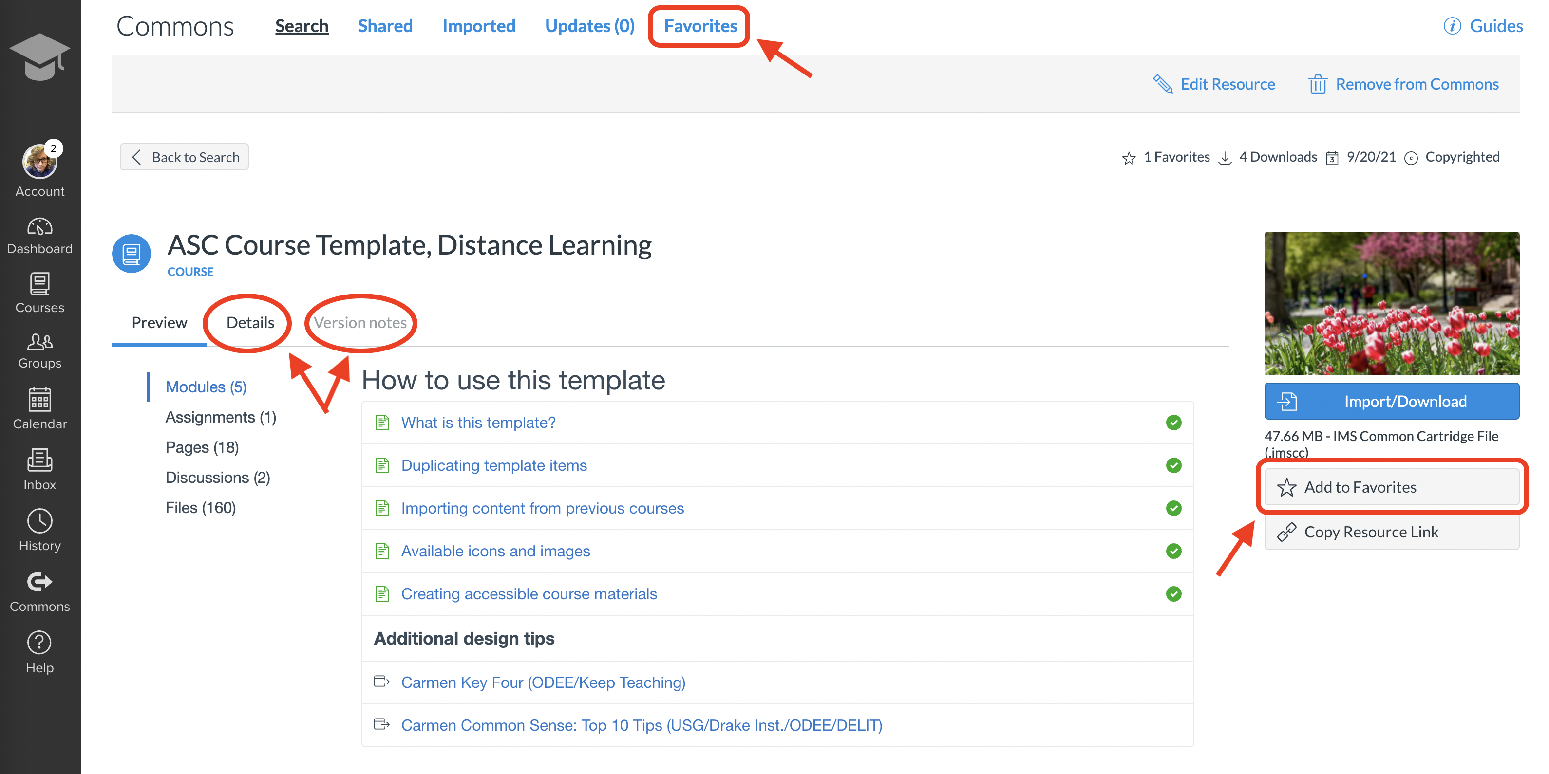 Canvas Commons resource item selected. Details and Version notes tabs are circels in red, as is the button for Add to Favorites and the Favorites location at the tp of the screen.