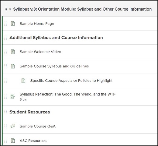 Carmen module that recapitulates segments of the syllabus as individual items