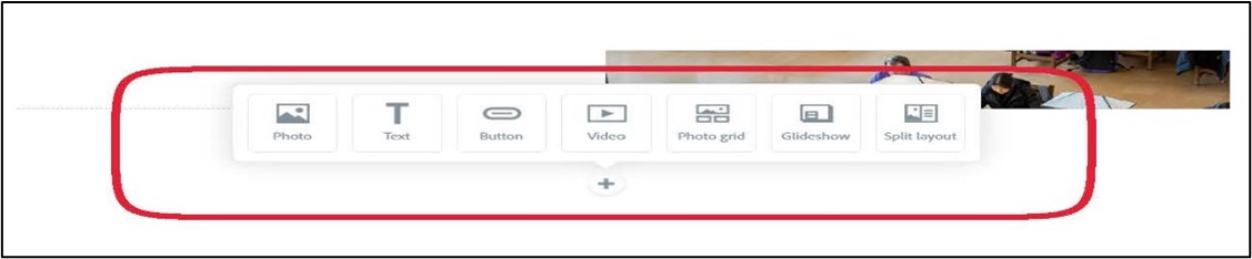 Adobe Express features that can be added to a webpage circled in red