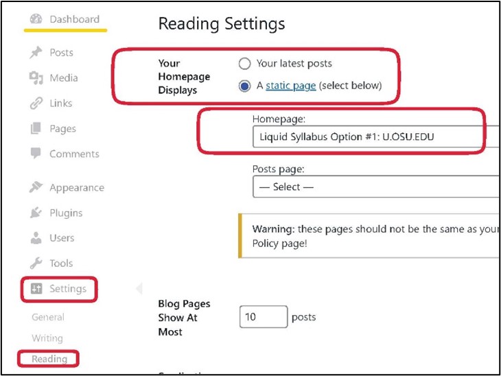 u.osu.edu Dashboard screenshot, with Dashboard underlined in Yellow, and Settings, Reading, Your Homepage Displays and Homepage selector circled in Red.