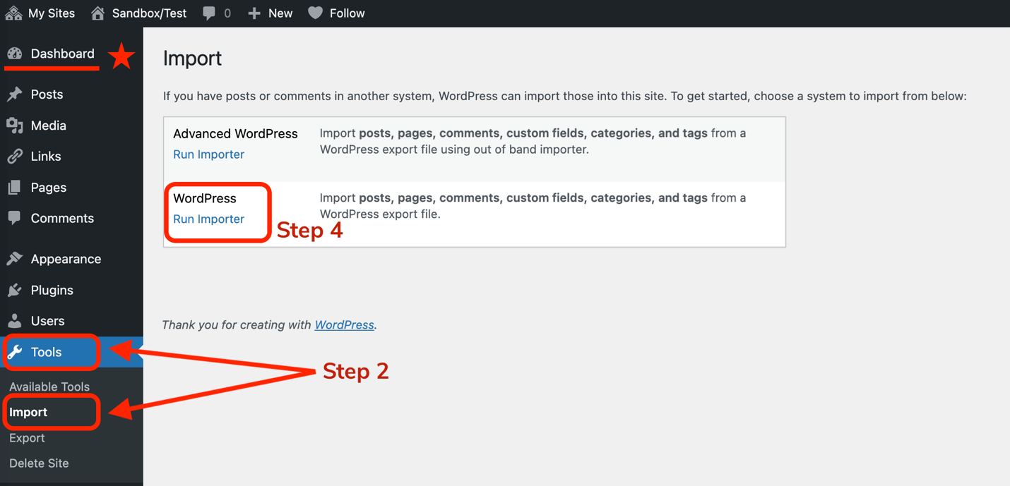 u.osu dashboard showing the location of Tools, Import, and Run Importer options for importing a template file.