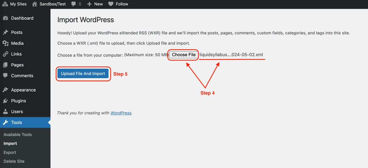 U.osu dashboard showing the location for choosing a file and what it looks like when a file is chosen, as well as the location and appearance of the upload file and import button.