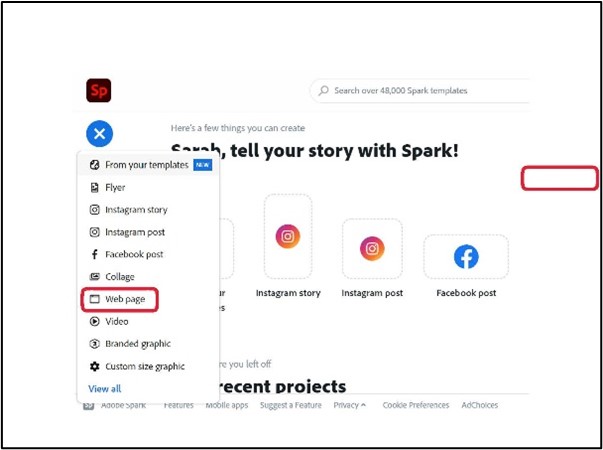 Adobe Express "Webpage" button circled in red