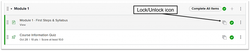 Modules in CarmenCanvas with arrow point to lock/unlock icon on the right of the screen