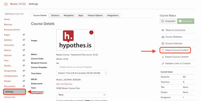 Carmen course setting page with Import Course Content circled in red.