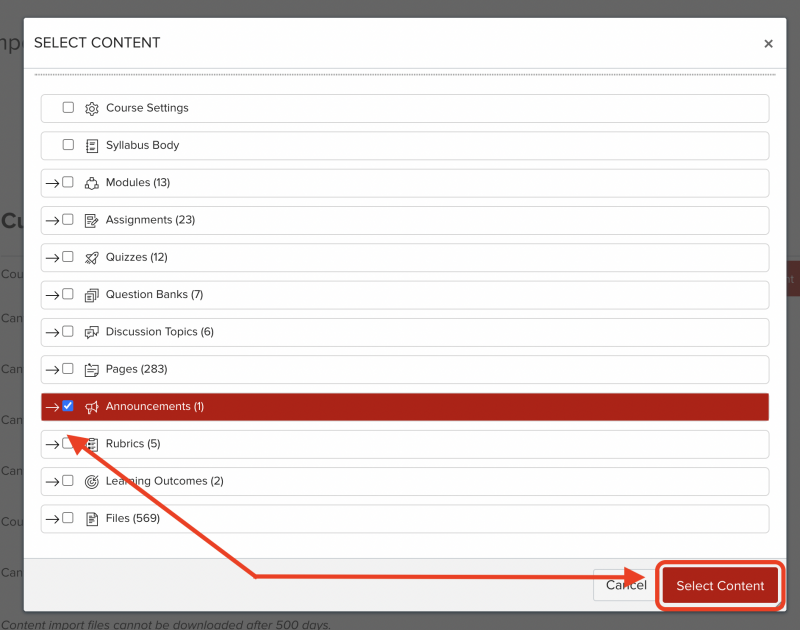 Pop Out box with content Selections ready to be chose. One item is pointed out and the Select content button is circled.
