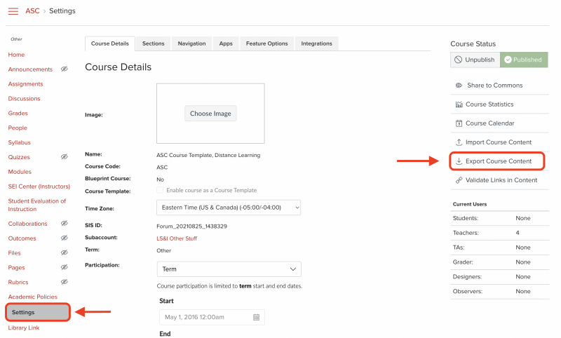 Carmen course setting page with Export Course Content circled in red.