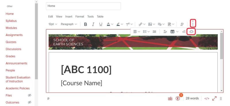 Screenshot of Carmen course page with three vertical dots and the embed cloud icon are circled in red.