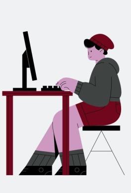 Cartoon student at a desk on a computer