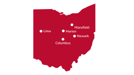 Outline map of ohio with labels for Columbus, Lima, Marion, Mansfield, and Newark campuses