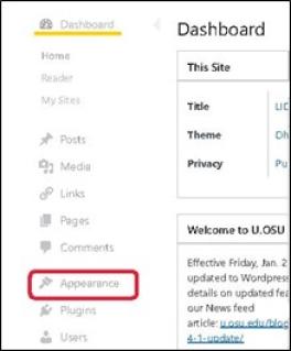 u.osu.edu Dashboard screenshot, with Dashboard underlined in Yellow, and Appearance circled in Red.