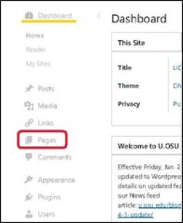 u.osu.edu Dashboard screenshot, with Dashboard underlined in Yellow, and Pages circled in Red.