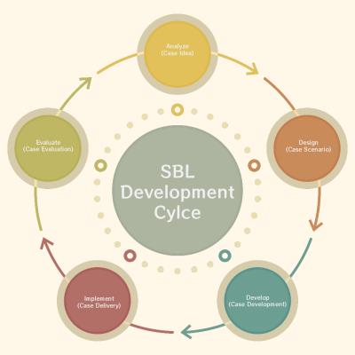 An infographic shows the five steps of the SBL Development cycle starting with Analyze. The ADDIE steps are listed first with EMERGO equivalents in parentheses.