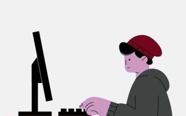 Cartoon student at a desk on a computer