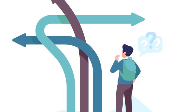 A student looking at three arrows pointing in different directions representing possible pathways