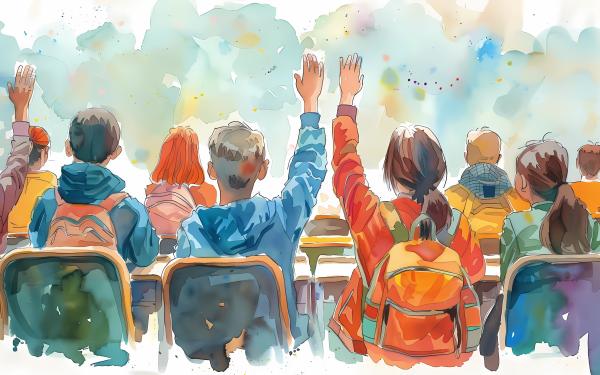 Watercolor of children at desks raising their hands