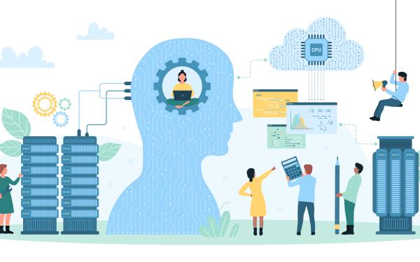 Illustrated people working with algorithms, code, neural circuits within an abstract human head representing large language models.  
