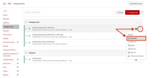 Screenshot of a Carmen course Assignments page where an Assignment options menu is open and duplicate is circled in red.
