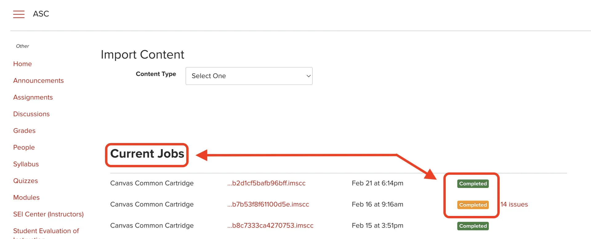 Carmen course Setting page where Import content can be seen displaying the current jobs being imported as well as their status. 