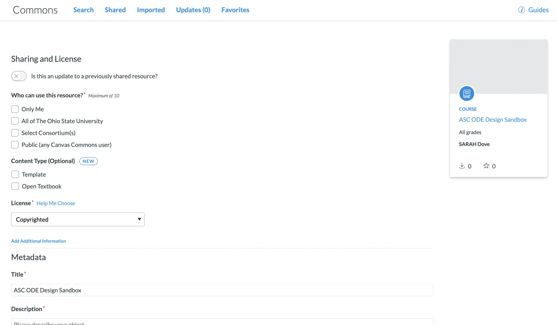 Screenshot showing the pages that must be filled out before clicking the blue Share button to have original content posted to CanvasCommons for others to use.
