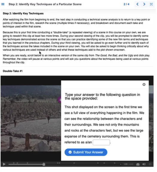 Screenshot of embedded interactive video within an interactive book. A pop up appears within the video asking a technical fill-in-the-blank film question.