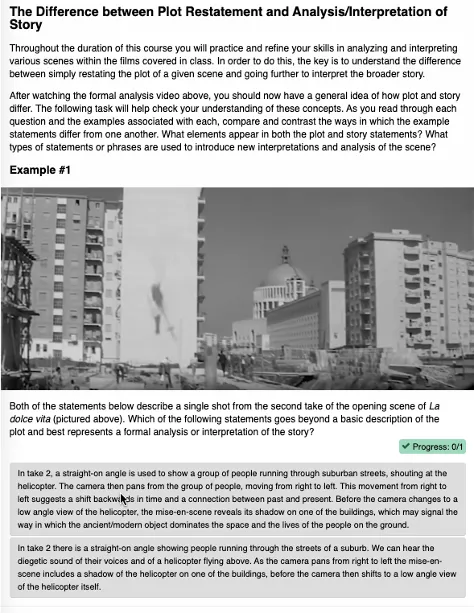 Screenshot shows an activity within an interactive book containing a screenshot from a moment within a film clip and a question related to the difference between plot and story in film analysis.