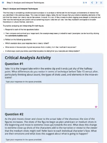 Screenshot of the Analysis Activity in Exercise 3 of Film Studies course. The activity contains an initial text prompt, text entry box, and examples within a bubble icon.