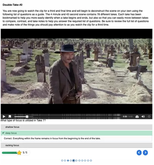 This screenshot shows an embedded video with bookmarks along the video timeline. Below the video is an interactive quiz set with immediate feedback.