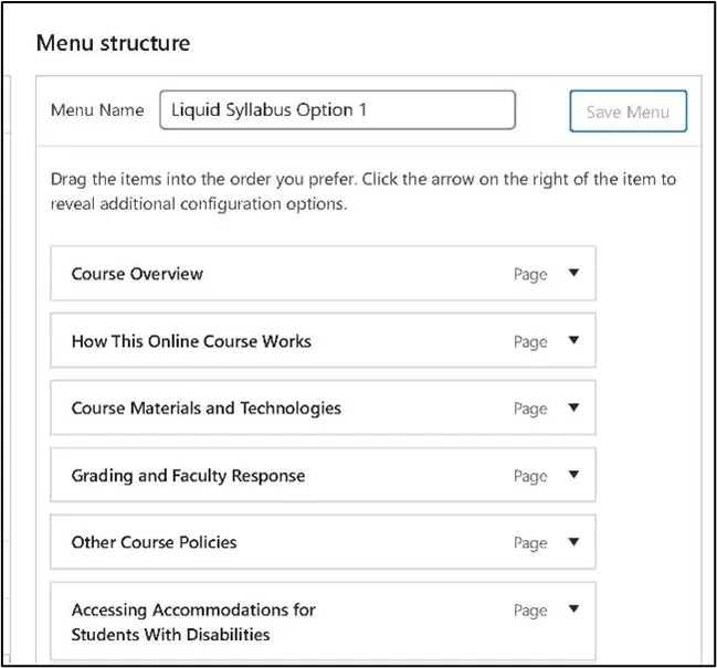 u.osu.edu Dashboard Menus screenshot, zoomed in on Menu Structure.