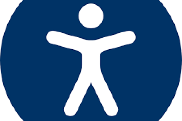 Icon of white stick figure person on blue background