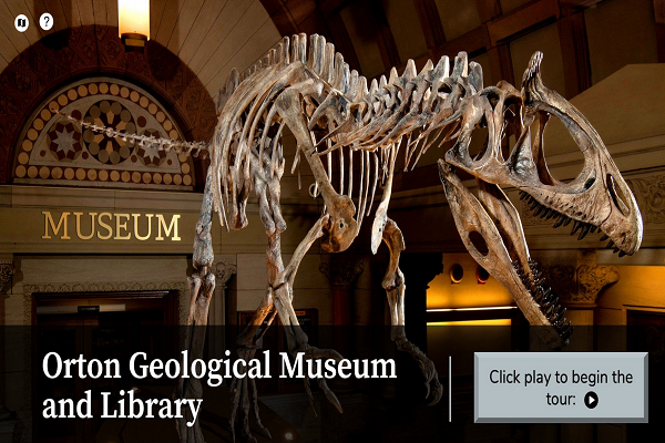 Cryolophosaurus and "Orton Geological Museum and Library" and a "play" button