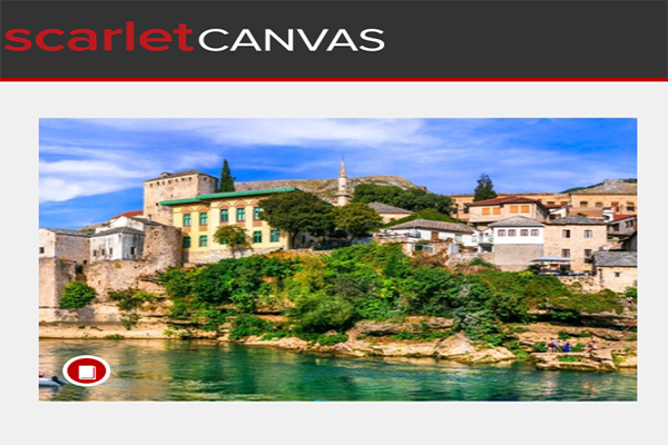 ScarletCanvas title card with an image of a city along a mountainous coastline