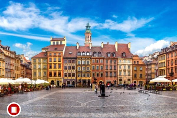 A city square under a blue sky with Renaissance style buildings and open-air cafes